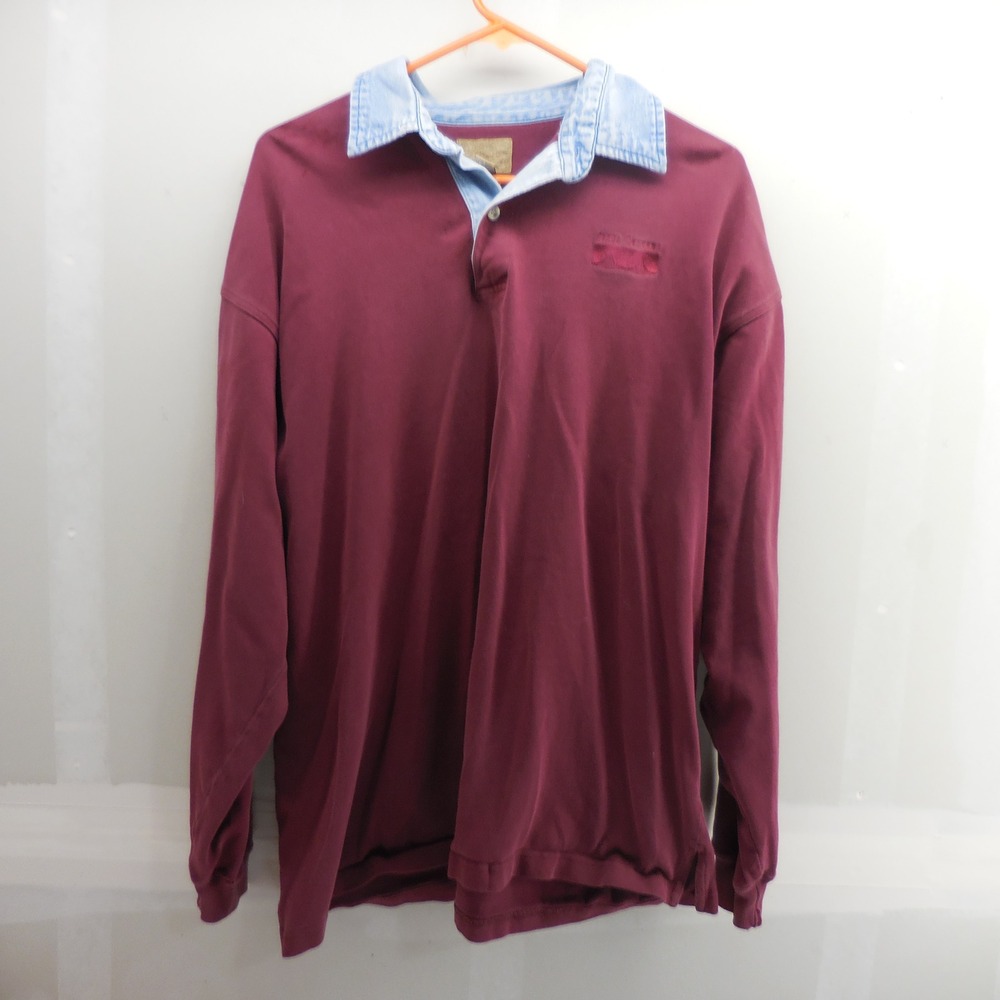 Vintage Cisco Systems Long Sleeve Polo Shirt Burgundy Denim Collar Mens Large